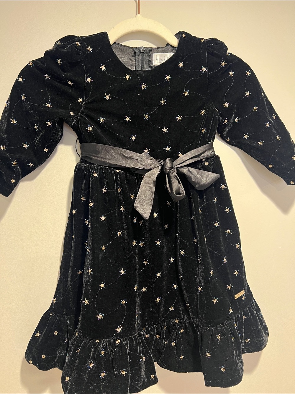 Nicole Miller Black Velvet Dress with Gold Star Accents and Satin Sash